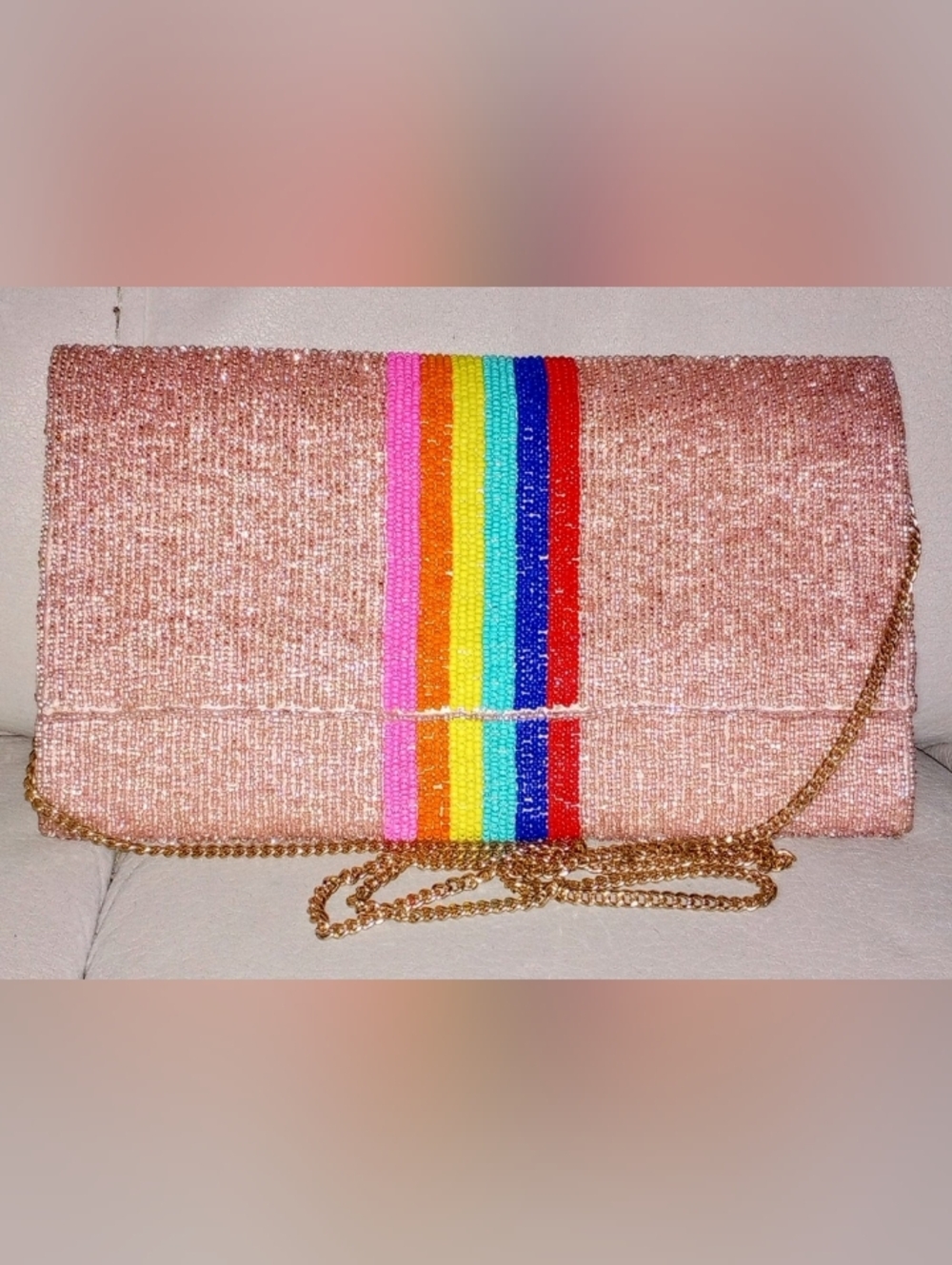 Beaded Rainbow Stripe - Sparkling Rose Gold Clutch